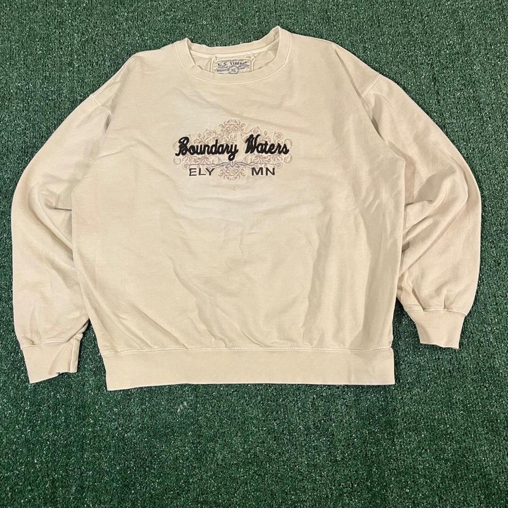 US Vintage Boundary Waters Ely MN Crewneck Sweatshirt Cream XL Relaxed Fit 0182